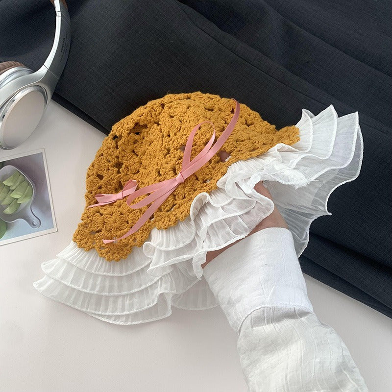 Outdoor Hollowed Out Handmade Bow Fisherman Hat for Women Traveling with A Large Brim That Accentuates The Face and A Small Hat