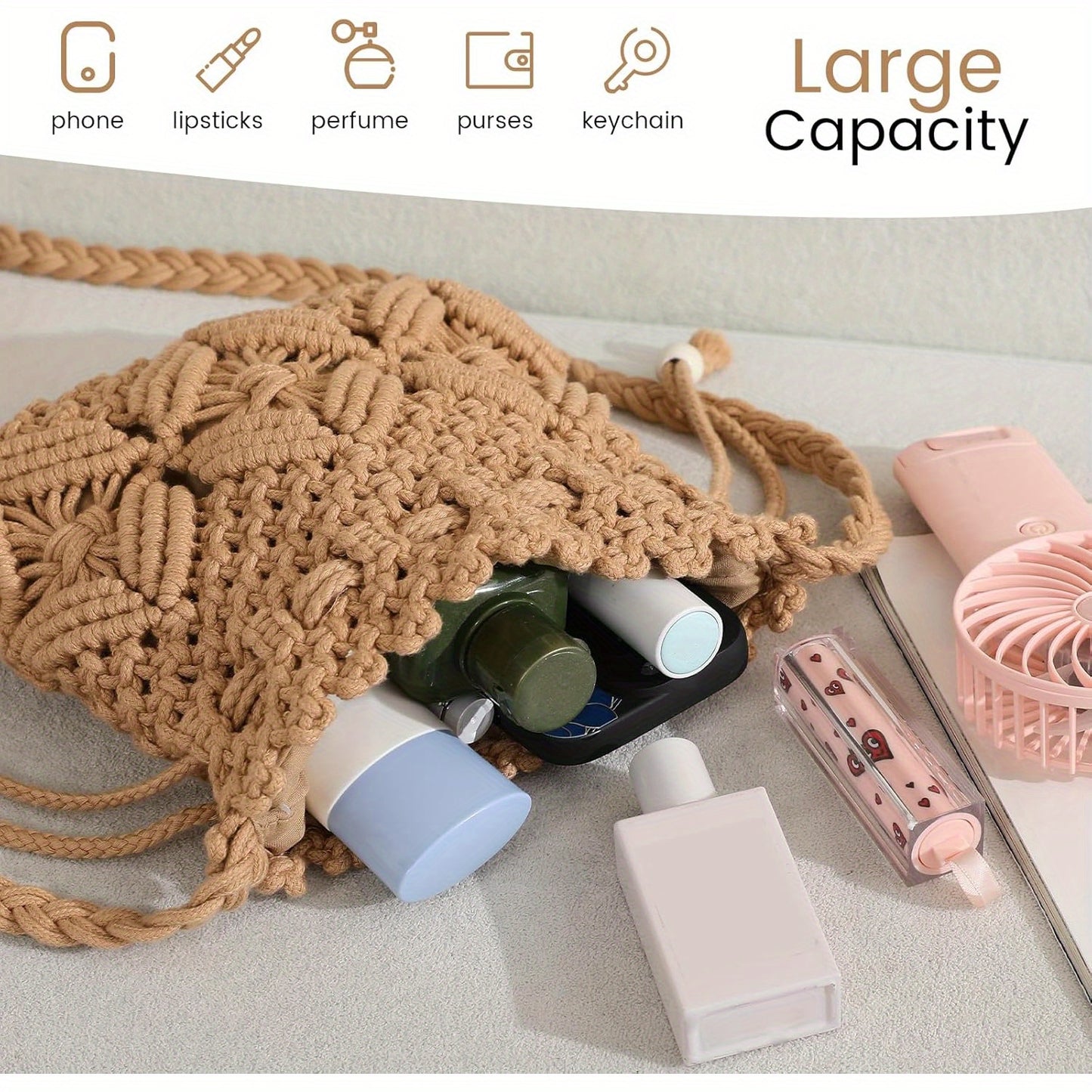 Boho Chic Crochet Crossbody Bag for Women - Woven Nylon Summer Purse with Tassel Fringe, Snap Closure & Oil-Edged Trim, White Handbag for Casual Outings & Festivals