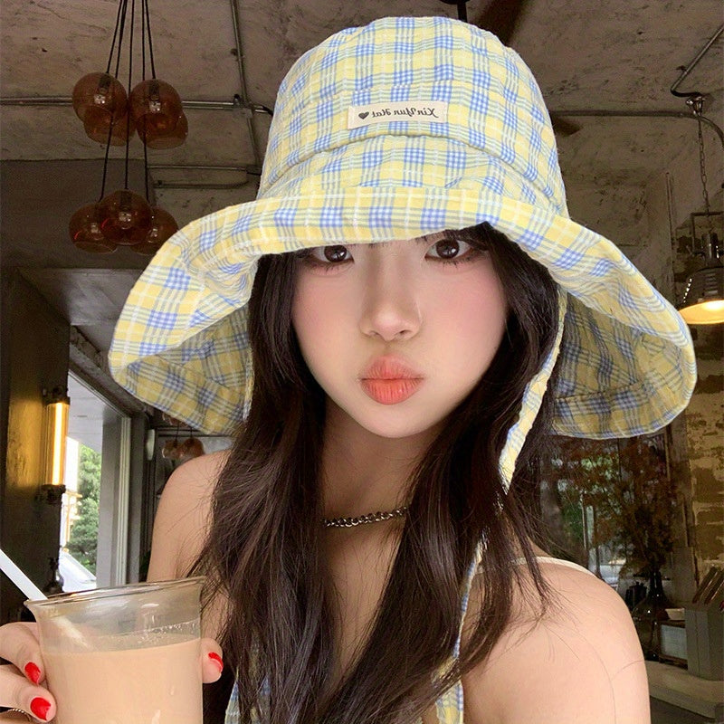 Women'S Wide Brim Sun Hat with UPF Protection - Checkered Pattern, Straw Material, Casual Summer Bucket Hat for Outdoor Activities, Hat