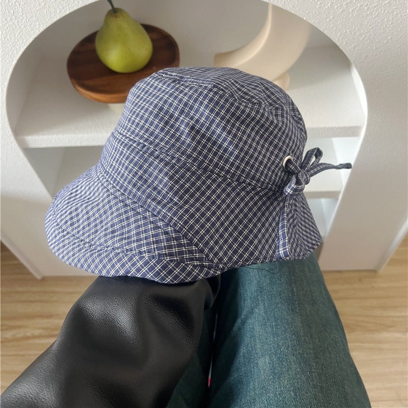 Sweet Navy Blue Plaid Big Brim Hat Ladies Summer Bucket Hat Bow Pot Hat