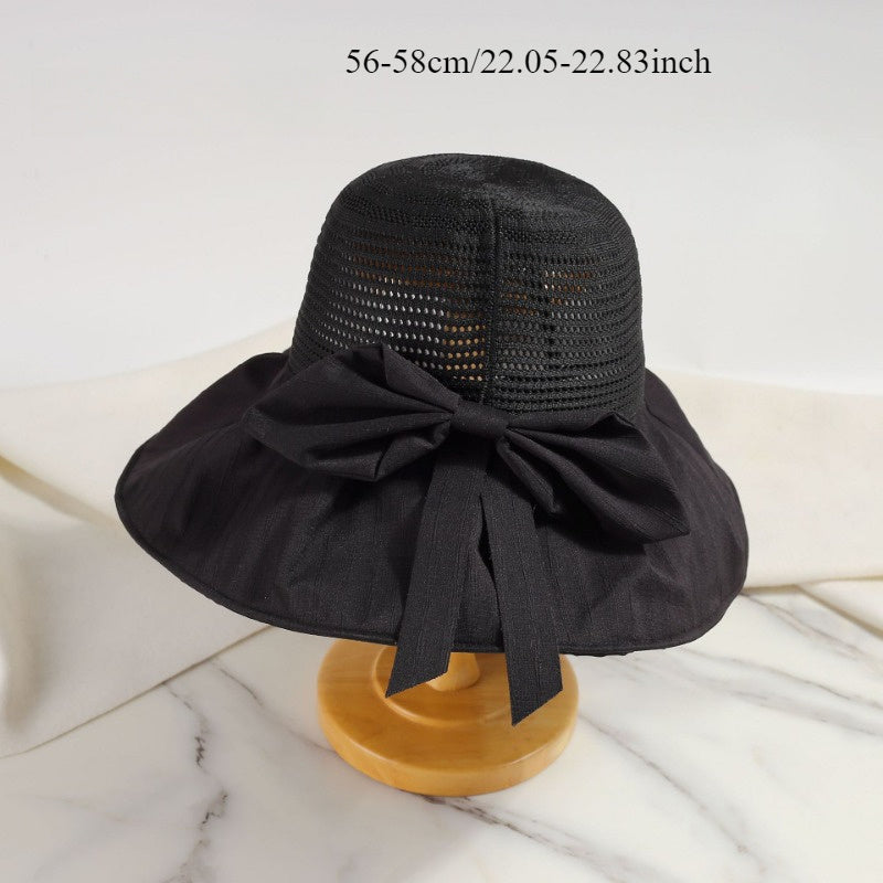 Breathable Large Brimmed Fisherman Hat Women'S Summer Bow Black Rubber Sunshade and Hat Travel Resistant Foldable Hat