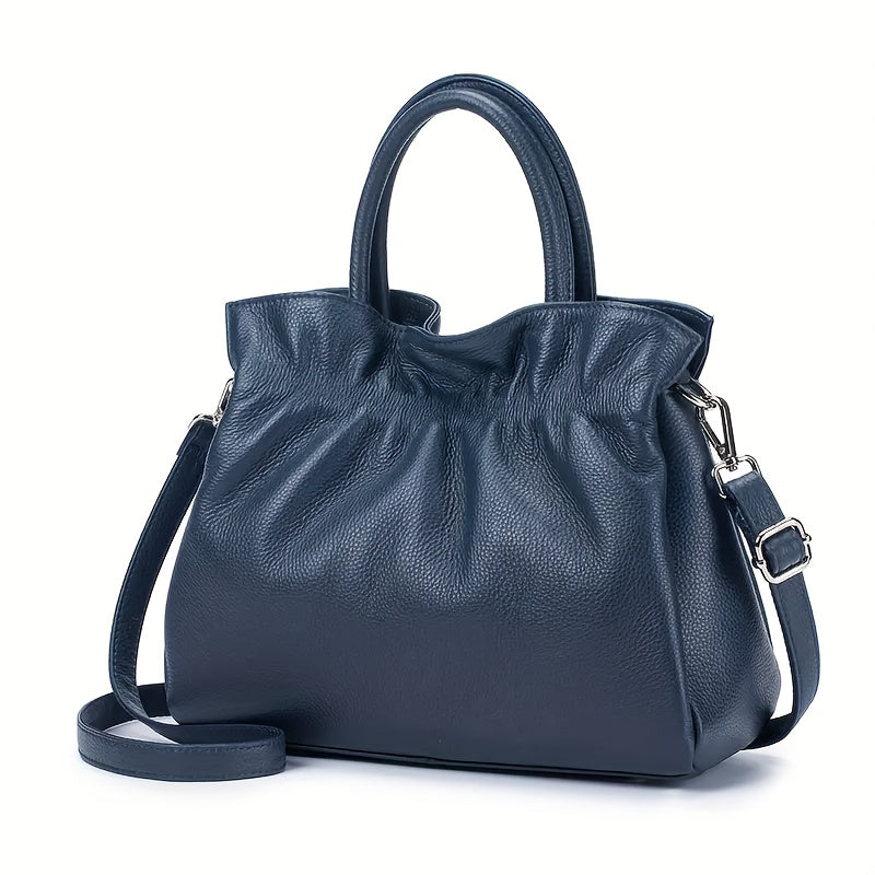 Women's Genuine Leather Tote Bag - Elegant Convertible Crossbody & Shoulder Purse with Secure Zipper Closure, Beige Navy Blue, for Everyday, Office, Formal Events - Women's Elegant Handbag, Polyester Lined Interior
