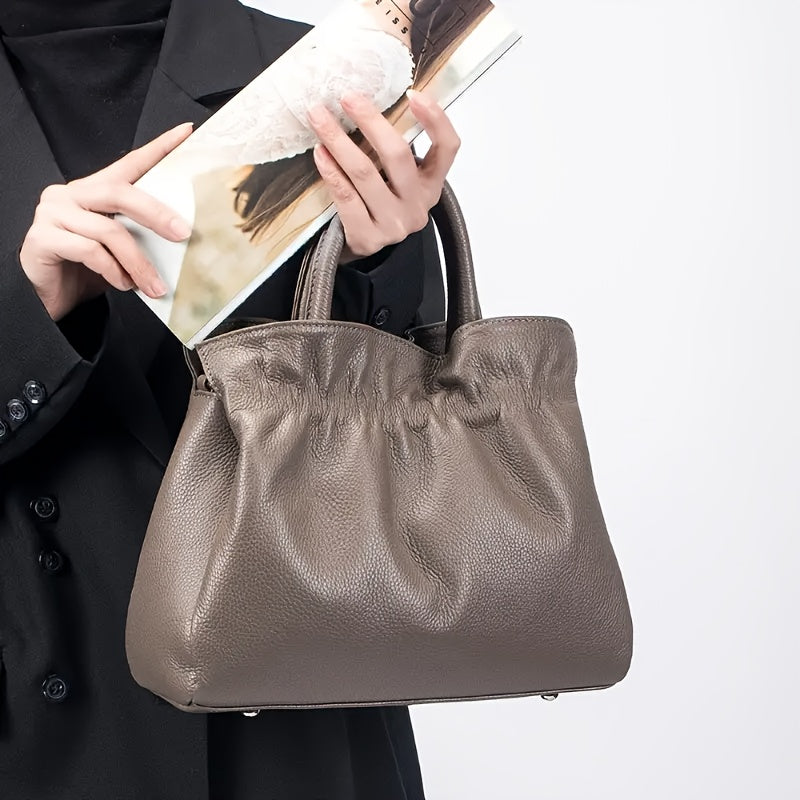 Women's Genuine Leather Tote Bag - Elegant Convertible Crossbody & Shoulder Purse with Secure Zipper Closure, Beige Navy Blue, for Everyday, Office, Formal Events - Women's Elegant Handbag, Polyester Lined Interior