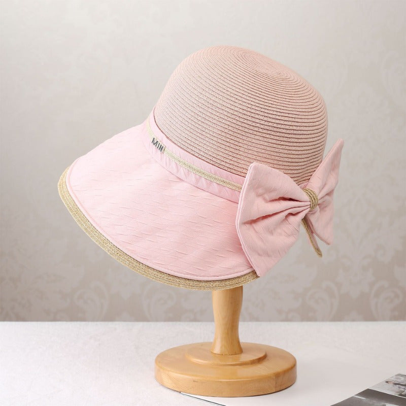 Splicing Grass Fisherman Hat for Women Summer Outdoor and Sunshade Hat Elegant Bow Seaside Folding Sun Hat