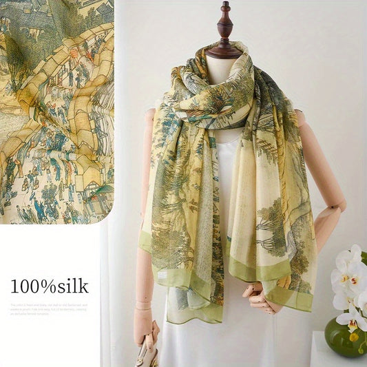 100% Mulberry Silk Scarf - Elegant Floral and Bird Design, Lightweight Luxury for Evening Wear, Weddings, Dates, and Casual Outfits, Large Size, Hand Wash or Dry Clean, Wedding Accessory | Vintage Style Scarf | Intricate Pattern, Scarf for Women