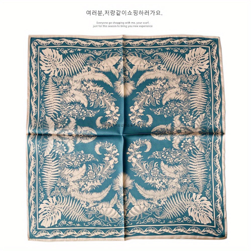 100% Mulberry Silk Scarf, 20.87-inch Blue Tropical Rainforest Print, Elegant Single-Sided Design, Soft and Luxurious, Suitable for Women'S Fashion Accessories