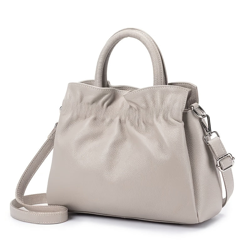 Women's Genuine Leather Tote Bag - Elegant Convertible Crossbody & Shoulder Purse with Secure Zipper Closure, Beige Navy Blue, for Everyday, Office, Formal Events - Women's Elegant Handbag, Polyester Lined Interior
