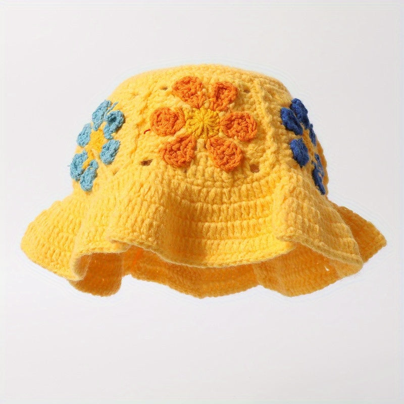 Women'S Retro Hollowed-Out Flower Basin Hat - Hand Bucket Hat with Colorful Embroidery, Jacquard Weave for Beach & Outdoor Activities, Beach Hat