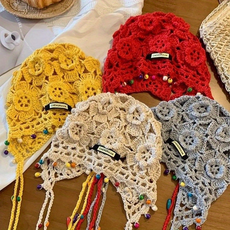 Handmade Bohemian Flower Tassel Headscarf Hat for Women - Ethnic Retro Snug Fit Non-Stretch Cap with Beaded Accents, Casual Festival Outdoor Accessory