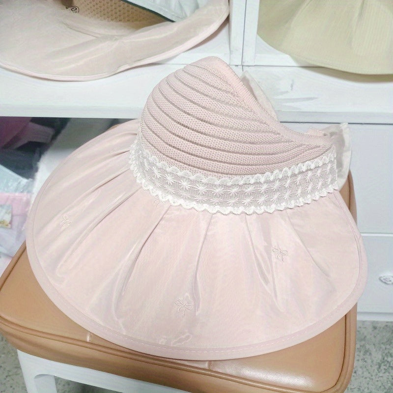 Summer Wide Brim Sun Hat with Lace Detail - Lightweight & Breathable Polyester, Open Top Design for Women, Perfect for Beach, Outdoor Activities & Gardening, Beach Hat