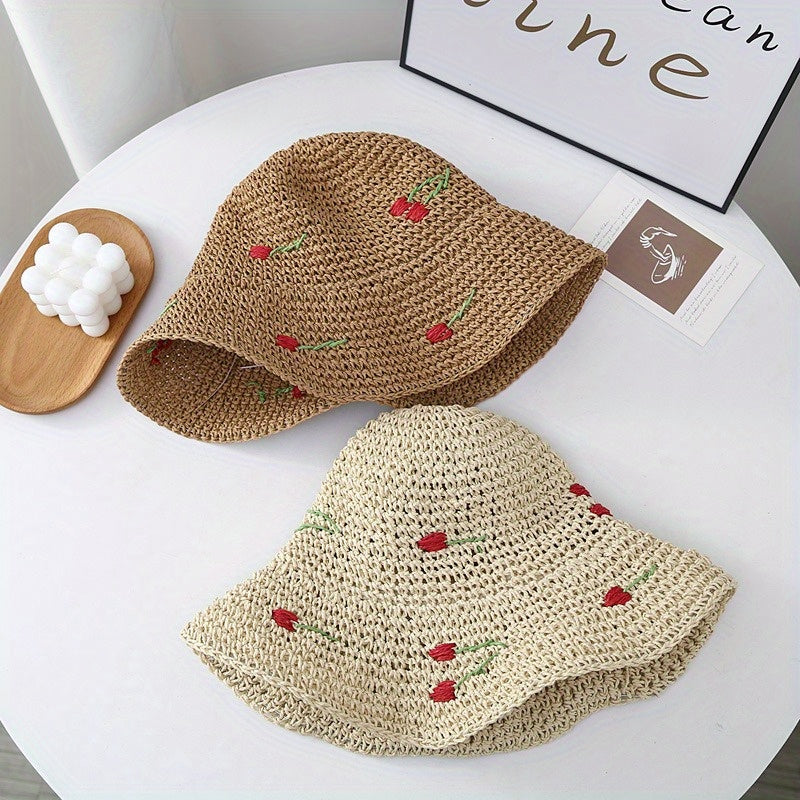 Wave Edge Large Eave Grass Fisherman'S Hat Women'S Summer Cherry Grass Hat Beach Breathable Sunshade Basin Hat