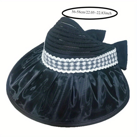 Summer Wide Brim Sun Hat with Lace Detail - Lightweight & Breathable Polyester, Open Top Design for Women, Perfect for Beach, Outdoor Activities & Gardening, Beach Hat