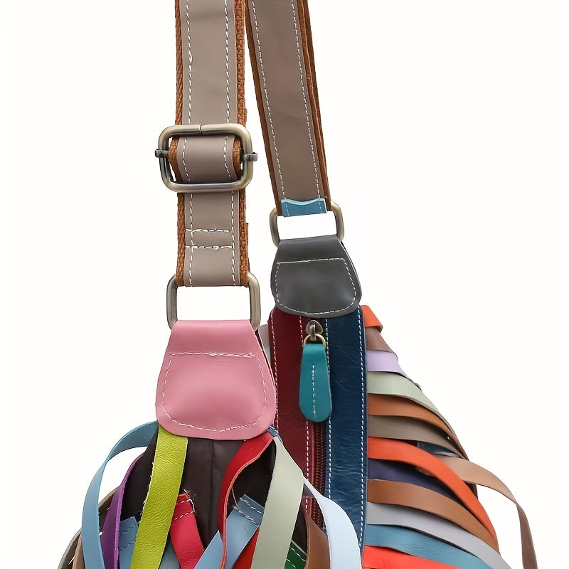 New Women'S Bag Genuine Leather Cowhide Bohemian Retro Fringed Color Contrast One Shoulder Large Capacity Cross Bag
