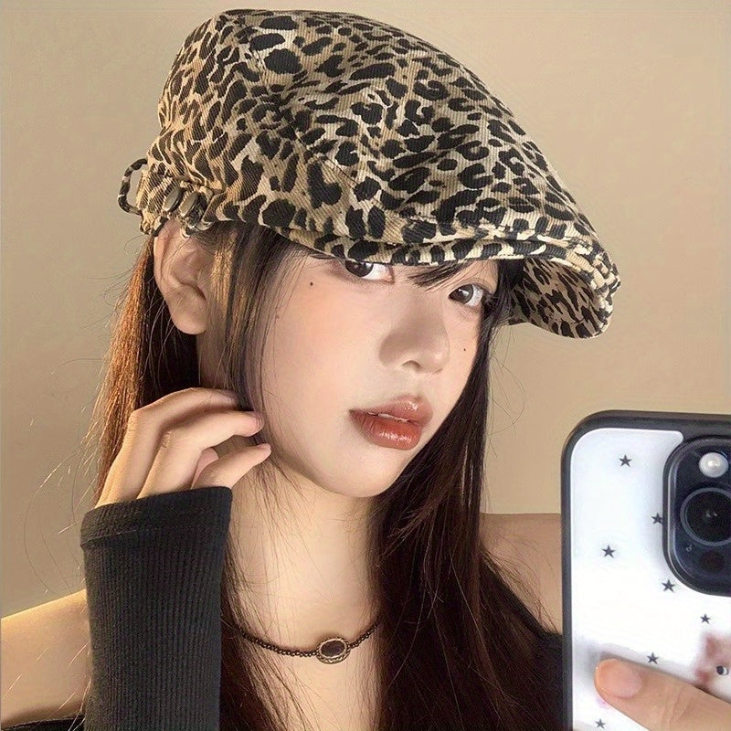 Retro Leopard Print Forward Hat for Women in Summer Thin and Niche Design Fashionable Beret Hat Duckbill Hat