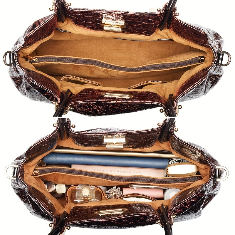 Leather Purses Handbags Genuine Leather, Luxury Designer, Brown Big Tote Bag For Women, Top Layer Cowhide Shoulder Large Bag, Crocodile Pattern Soft Leather, Women'S Bag Large Capacity Bright Leather, Premium Work Commute Handbag, European American
