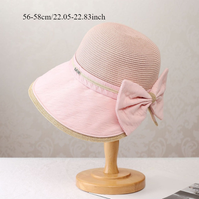 Splicing Grass Fisherman Hat for Women Summer Outdoor and Sunshade Hat Elegant Bow Seaside Folding Sun Hat
