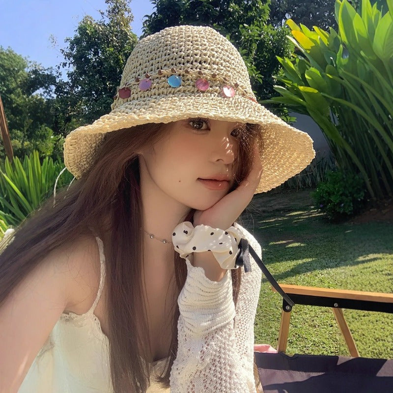 Ethnic Style Seaside Vacation Big Hat Brim Shell Grass Hat Women'S Spring Countryside Style Hollowed Out Sun Shading Fisherman Hat