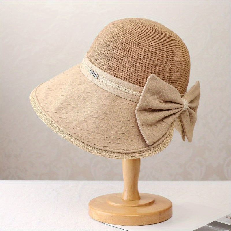 Splicing Grass Fisherman Hat for Women Summer Outdoor and Sunshade Hat Elegant Bow Seaside Folding Sun Hat