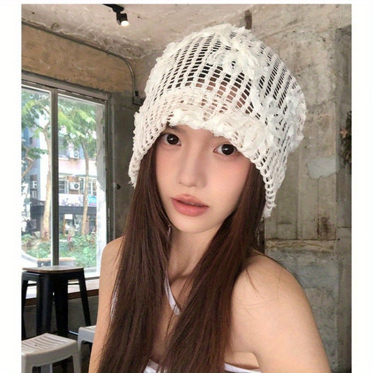 Three Dimensional Flower Head Cap for Women in Spring and Summer Fashionable Hollow Out Breathable Thin Design Big Head Circumference Cold Hat Pile Cap