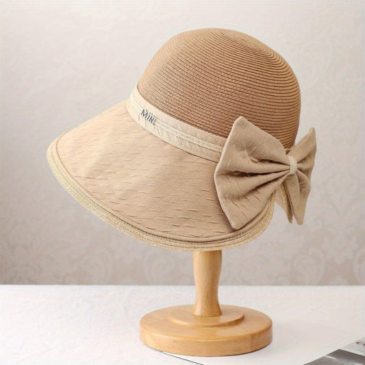 Splicing Grass Fisherman Hat for Women Summer Outdoor and Sunshade Hat Elegant Bow Seaside Folding Sun Hat