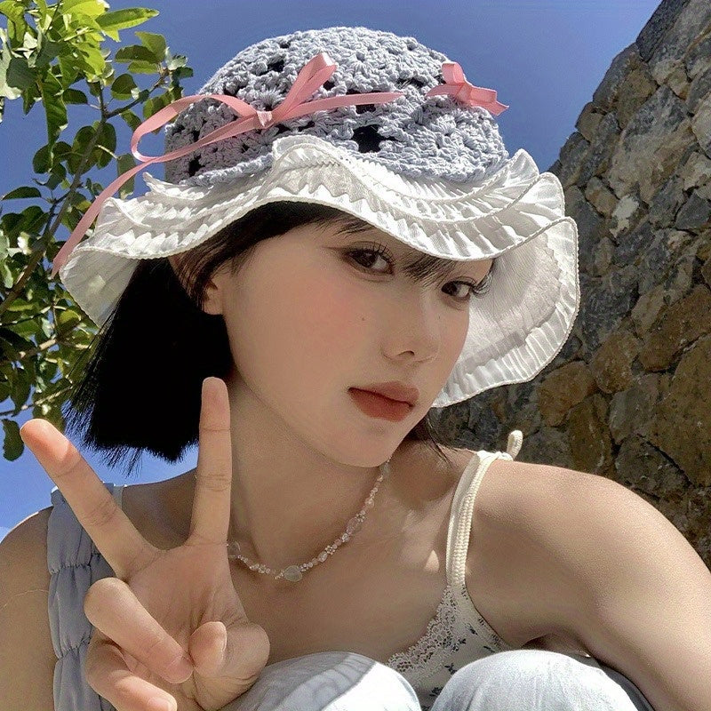 Outdoor Hollowed Out Handmade Bow Fisherman Hat for Women Traveling with A Large Brim That Accentuates The Face and A Small Hat