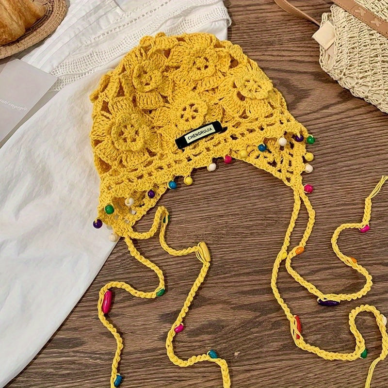 Handmade Bohemian Flower Tassel Headscarf Hat for Women - Ethnic Retro Snug Fit Non-Stretch Cap with Beaded Accents, Casual Festival Outdoor Accessory