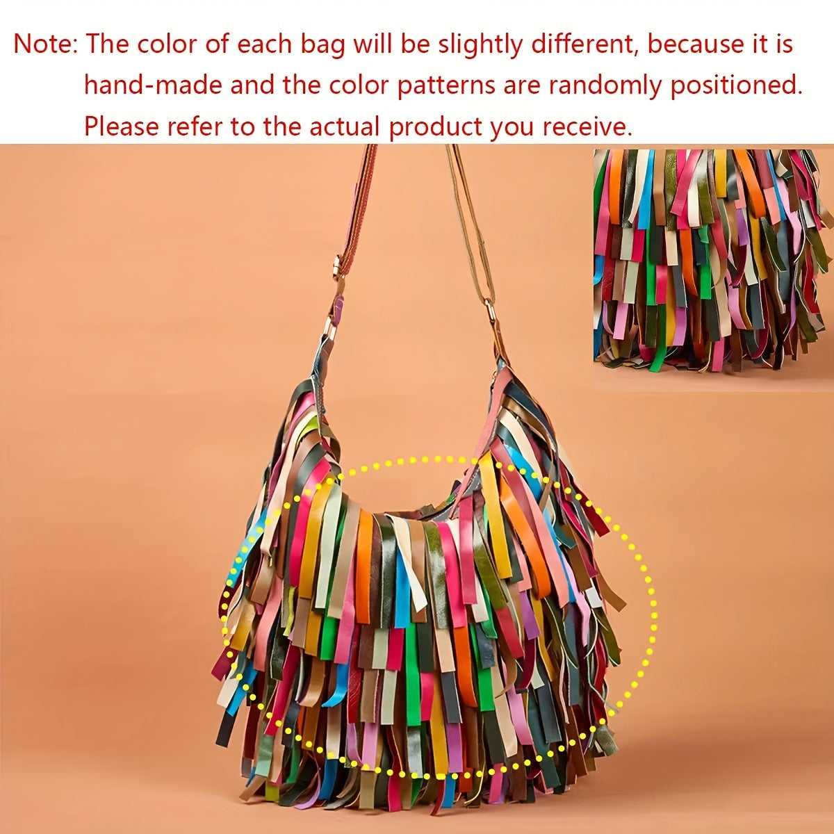 New Women'S Bag Genuine Leather Cowhide Bohemian Retro Fringed Color Contrast One Shoulder Large Capacity Cross Bag