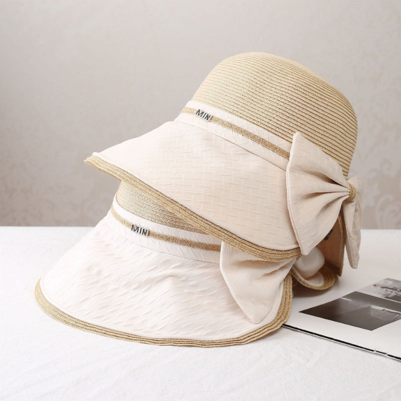 Splicing Grass Fisherman Hat for Women Summer Outdoor and Sunshade Hat Elegant Bow Seaside Folding Sun Hat