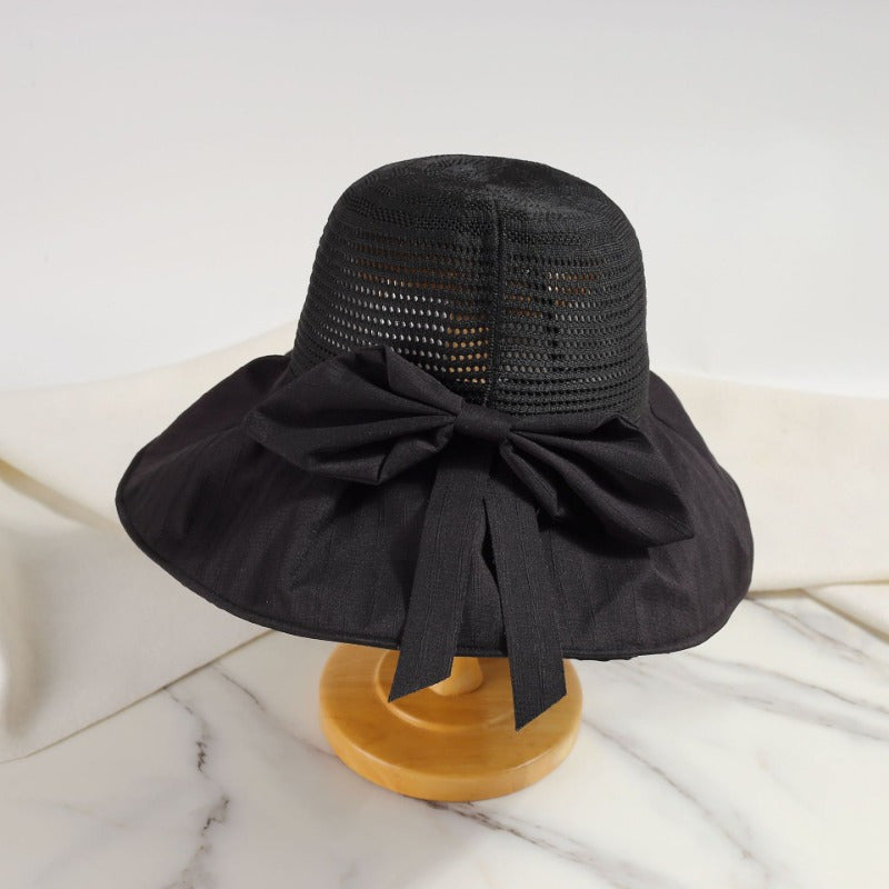 Breathable Large Brimmed Fisherman Hat Women'S Summer Bow Black Rubber Sunshade and Hat Travel Resistant Foldable Hat