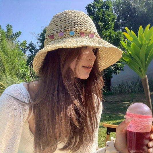 Ethnic Style Seaside Vacation Big Hat Brim Shell Grass Hat Women'S Spring Countryside Style Hollowed Out Sun Shading Fisherman Hat
