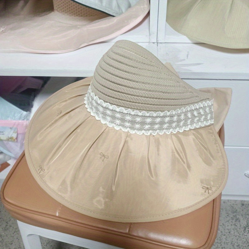 Summer Wide Brim Sun Hat with Lace Detail - Lightweight & Breathable Polyester, Open Top Design for Women, Perfect for Beach, Outdoor Activities & Gardening, Beach Hat