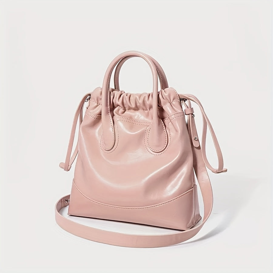 2025 New Women'S Genuine Faux Leather Bucket Bag - Pink Geometric Pattern Commuter Handbag with Adjustable Shoulder Strap, Multiple Compartments & Secure Buckle Closure for Work, Travel, Everyday Use, Versatile Travel Bag, Durable Synthetic Faux Leather