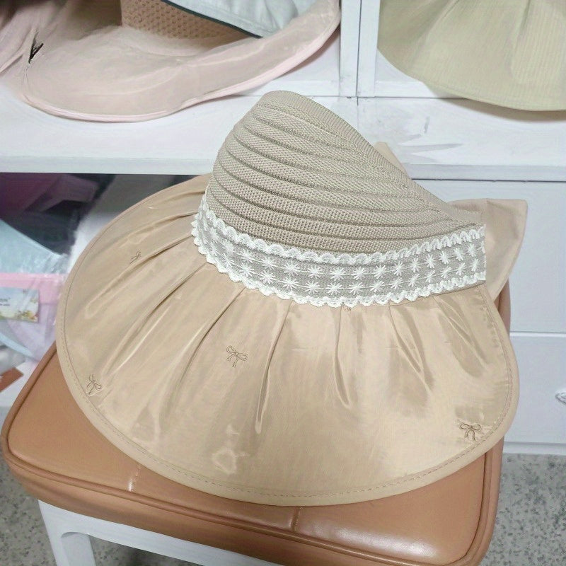 Summer Wide Brim Sun Hat with Lace Detail - Lightweight & Breathable Polyester, Open Top Design for Women, Perfect for Beach, Outdoor Activities & Gardening, Beach Hat