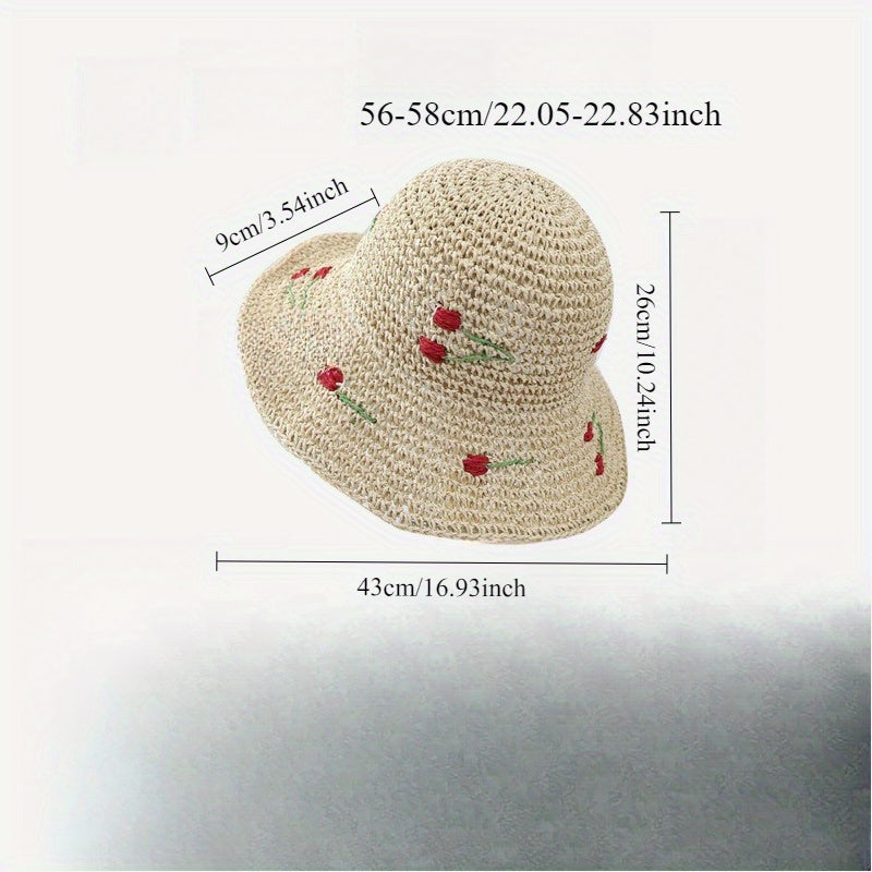 Wave Edge Large Eave Grass Fisherman'S Hat Women'S Summer Cherry Grass Hat Beach Breathable Sunshade Basin Hat