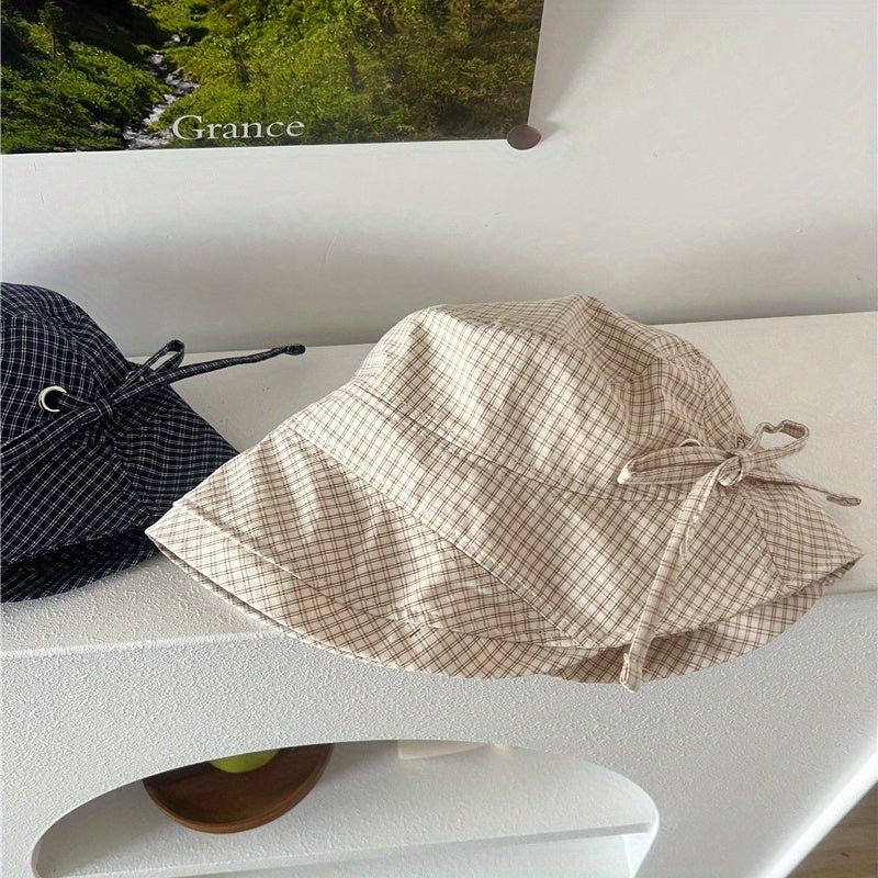 Sweet Navy Blue Plaid Big Brim Hat Ladies Summer Bucket Hat Bow Pot Hat