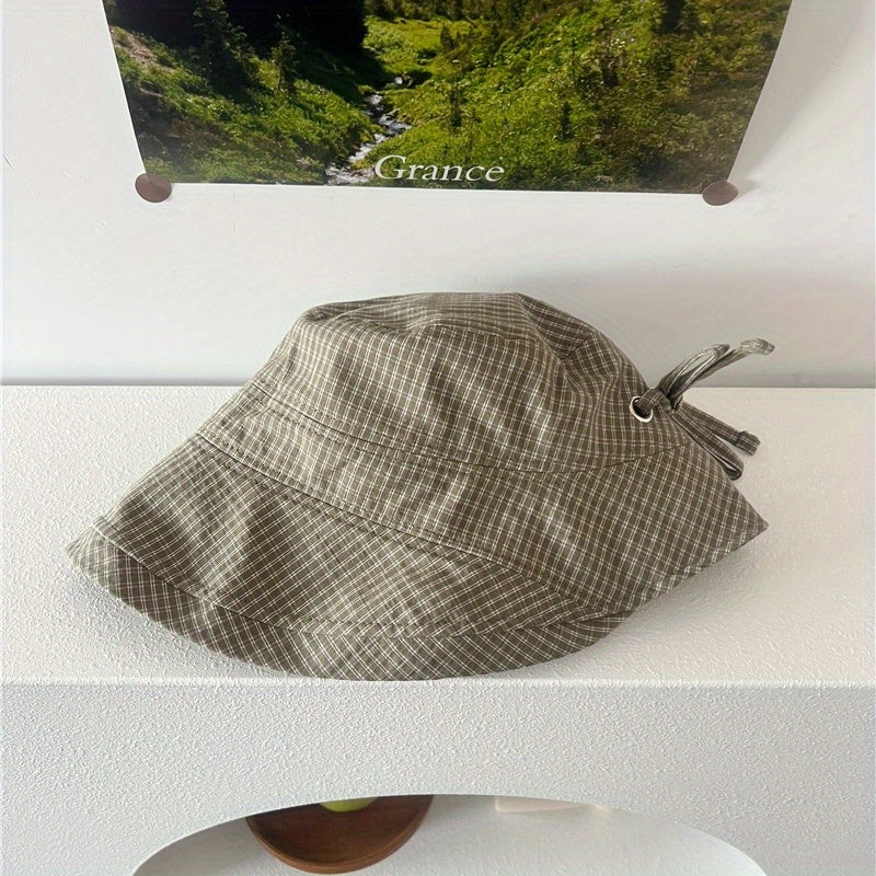 Sweet Navy Blue Plaid Big Brim Hat Ladies Summer Bucket Hat Bow Pot Hat