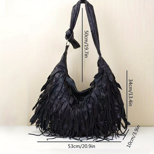 Cross-border Hot-selling Manufacturers Spot Leather Ladies Black Striped Tassels Personality Hobo Bag Shoulder Bag Sheepskin Women's Bag
