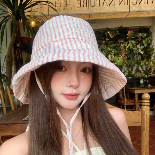 Women's Wide Brim Striped Bucket Hat with Adjustable Neck Strap - Summer Sun Hat for Beach, Outdoor & Casual Outings - Pink & White Stripes, Breathable Non-Stretch Fabric, Beachwear Essential, Fashionable