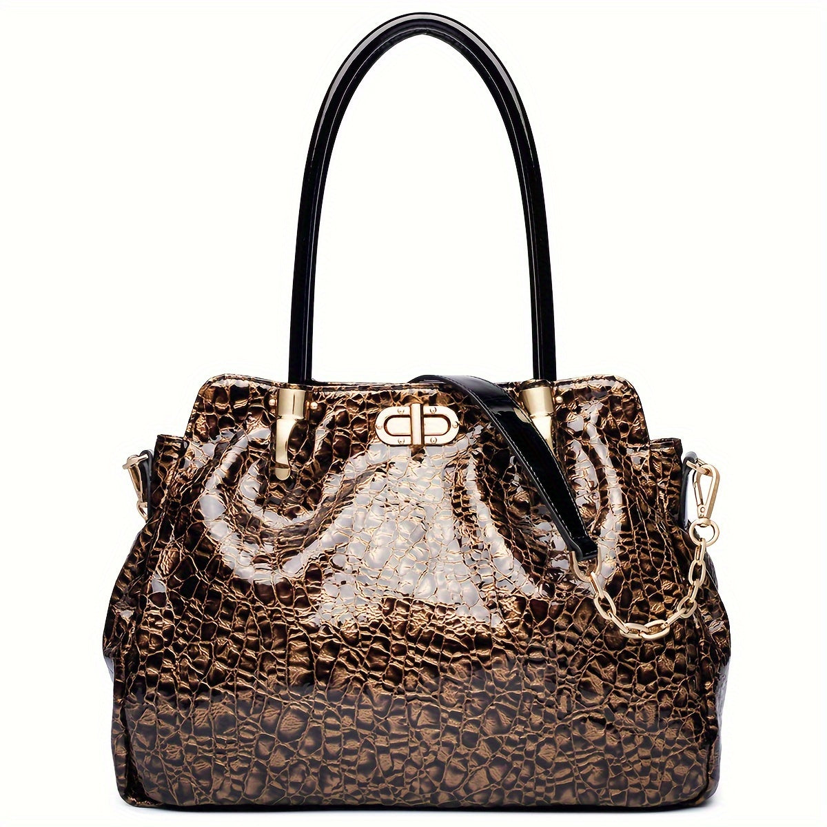 Leather Purses Handbags Genuine Leather, Luxury Designer, Brown Big Tote Bag For Women, Top Layer Cowhide Shoulder Large Bag, Crocodile Pattern Soft Leather, Women'S Bag Large Capacity Bright Leather, Premium Work Commute Handbag, European American