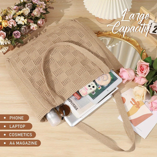 Women'S Crochet Tote Bag - Large Aesthetic Handbag with Pink Bow & Floral Pattern, Nylon Shoulder Bag with Adjustable Strap, White with Blue Accents, Casual Chic Style, Casual Chic Bag | Trendy Handbag | Adjustable Strap Bag
