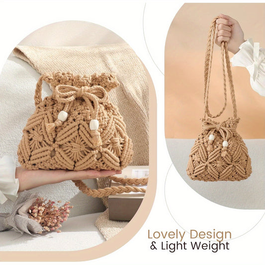Boho Chic Crochet Crossbody Bag for Women - Woven Nylon Summer Purse with Tassel Fringe, Snap Closure & Oil-Edged Trim, White Handbag for Casual Outings & Festivals