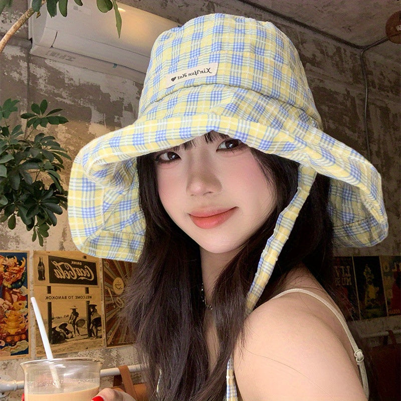 Women'S Wide Brim Sun Hat with UPF Protection - Checkered Pattern, Straw Material, Casual Summer Bucket Hat for Outdoor Activities, Hat