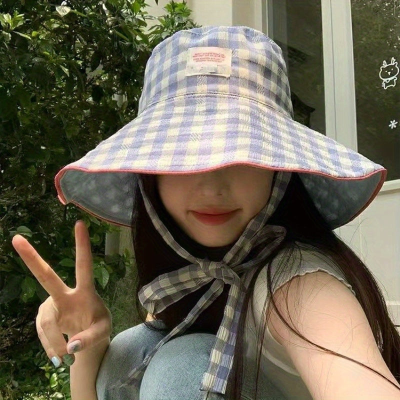 Grid Wide Edge Lace Up Fisherman Hat for Women Summer Big Brim Face Enhancing Small Sun Hat Hat Basin Hat