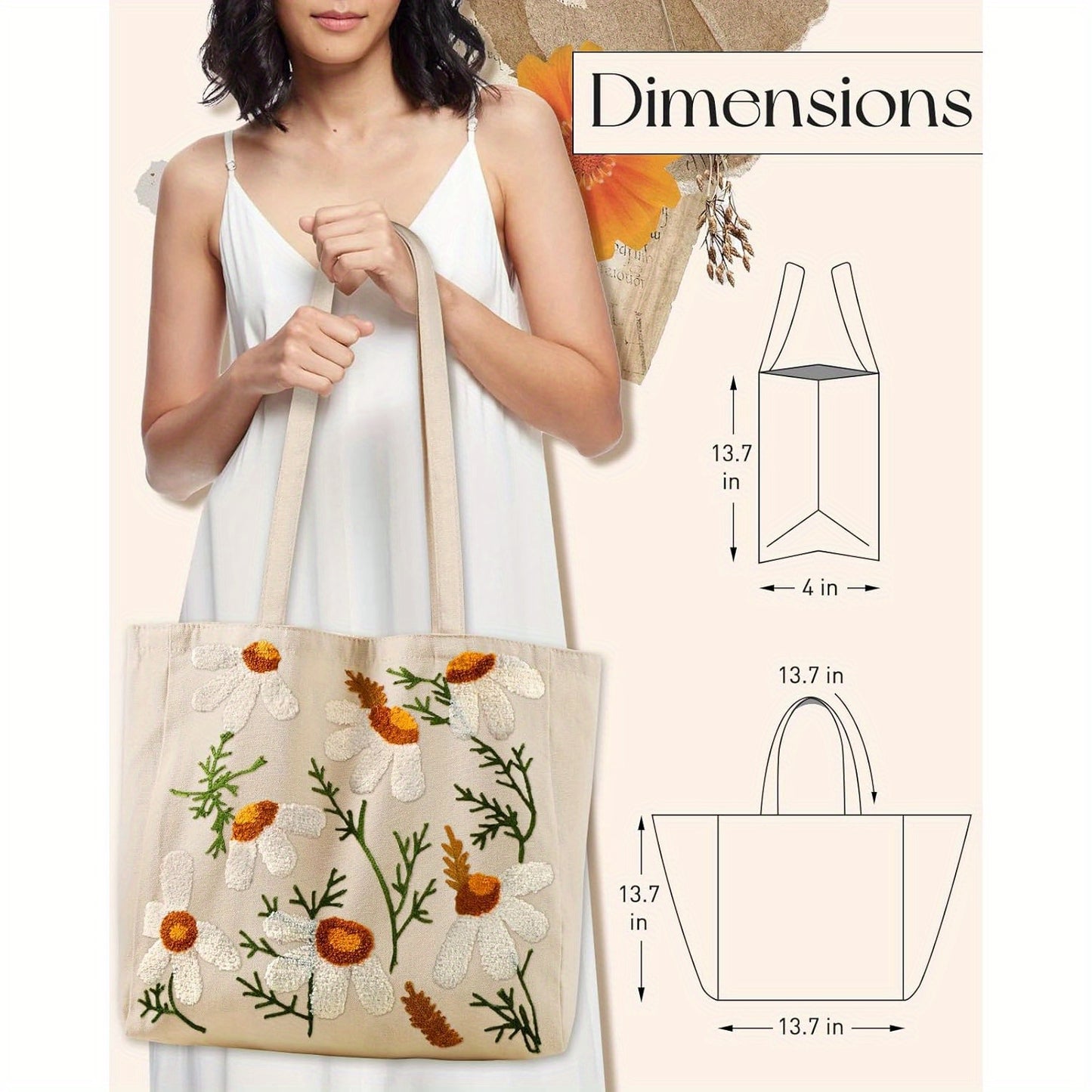 Women's Tote Bag - Whimsical Mushroom & Butterfly Design, Reusable High-Quality White Shoulder Bag with Sturdy Handles for Shopping, Work, Grocery, Books, Work Carryall