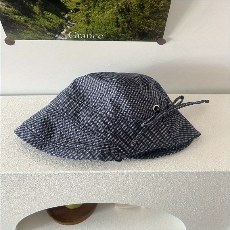Sweet Navy Blue Plaid Big Brim Hat Ladies Summer Bucket Hat Bow Pot Hat