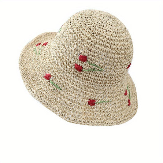 Wave Edge Large Eave Grass Fisherman'S Hat Women'S Summer Cherry Grass Hat Beach Breathable Sunshade Basin Hat