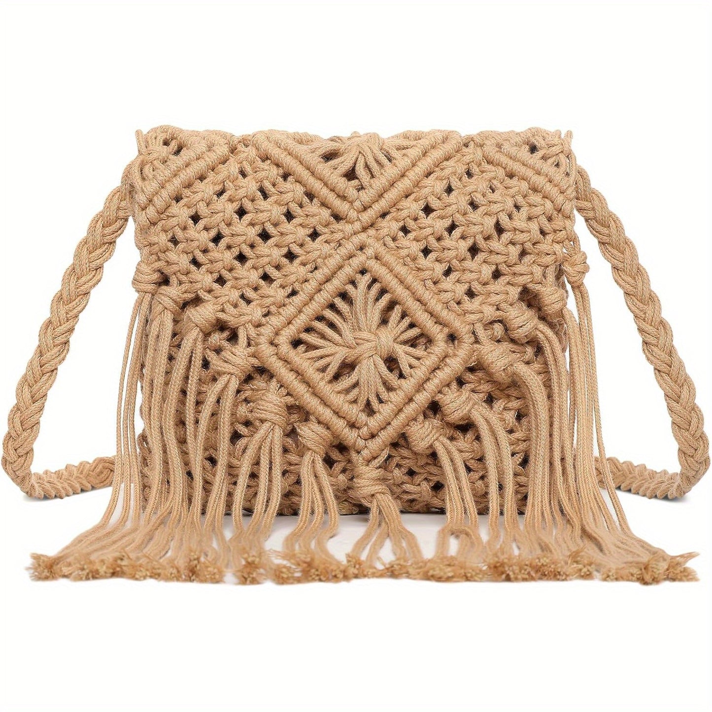 Boho Chic Crochet Crossbody Bag for Women - Woven Nylon Summer Purse with Tassel Fringe, Snap Closure & Oil-Edged Trim, White Handbag for Casual Outings & Festivals