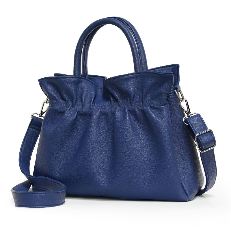 Women's Genuine Leather Tote Bag - Elegant Convertible Crossbody & Shoulder Purse with Secure Zipper Closure, Beige Navy Blue, for Everyday, Office, Formal Events - Women's Elegant Handbag, Polyester Lined Interior