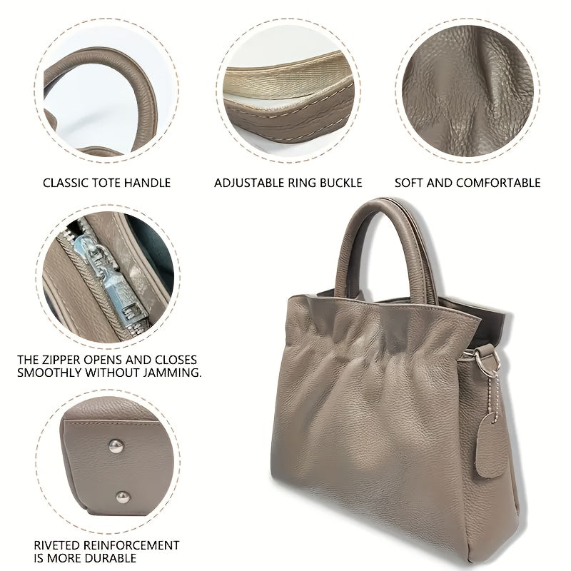 Women's Genuine Leather Tote Bag - Elegant Convertible Crossbody & Shoulder Purse with Secure Zipper Closure, Beige Navy Blue, for Everyday, Office, Formal Events - Women's Elegant Handbag, Polyester Lined Interior