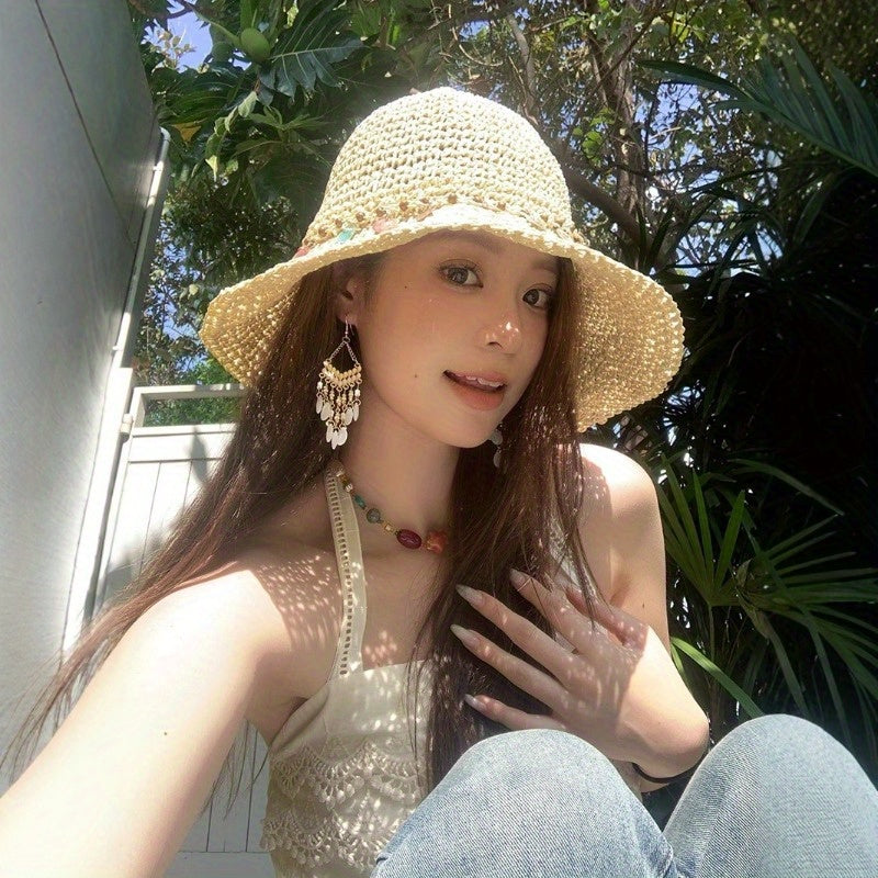 Ethnic Style Seaside Vacation Big Hat Brim Shell Grass Hat Women'S Spring Countryside Style Hollowed Out Sun Shading Fisherman Hat
